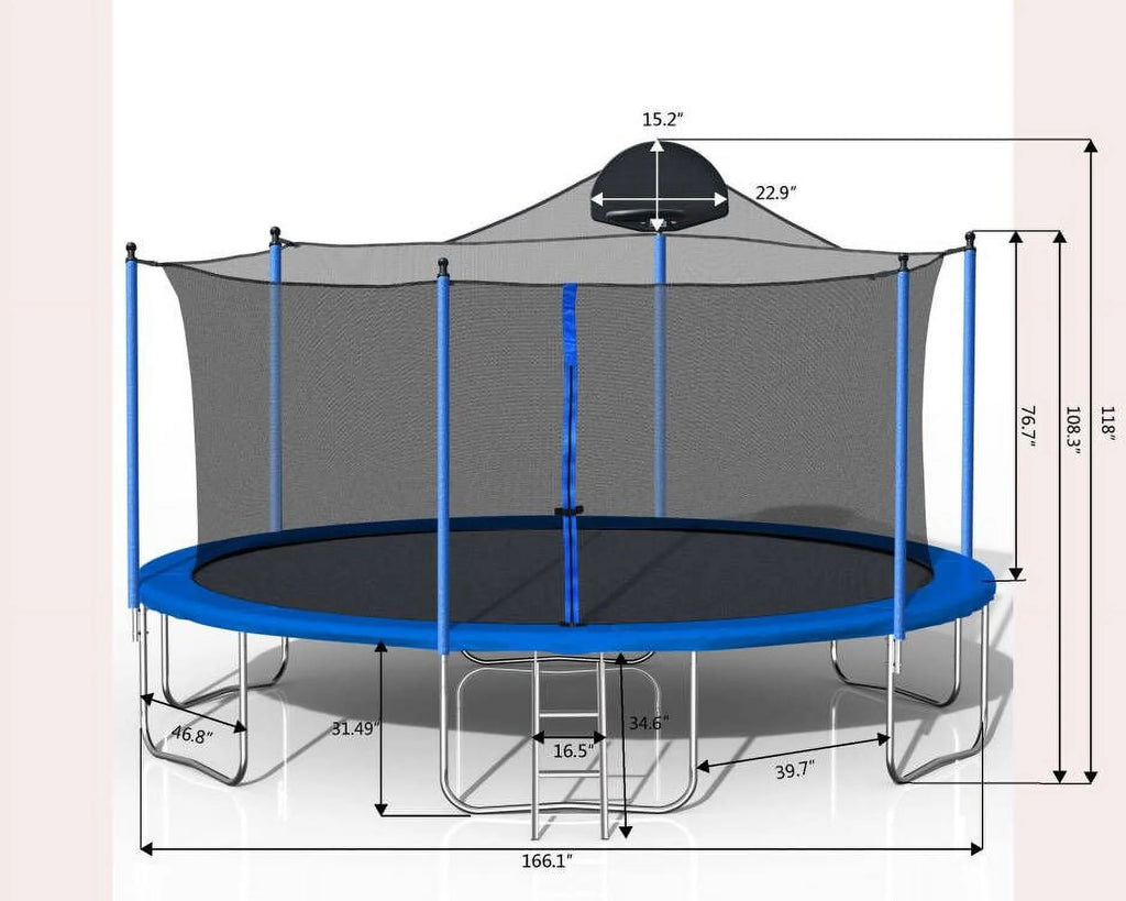 14FT Outdoor Trampoline with Basketball Hoop, Ladder and Safety Enclosure Net P3864