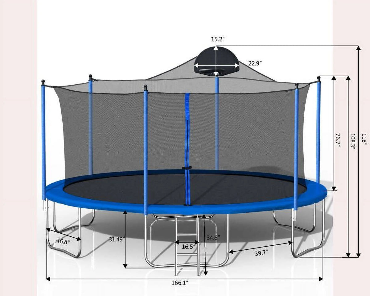14FT Outdoor Trampoline with Basketball Hoop, Ladder and Safety Enclosure Net P3864