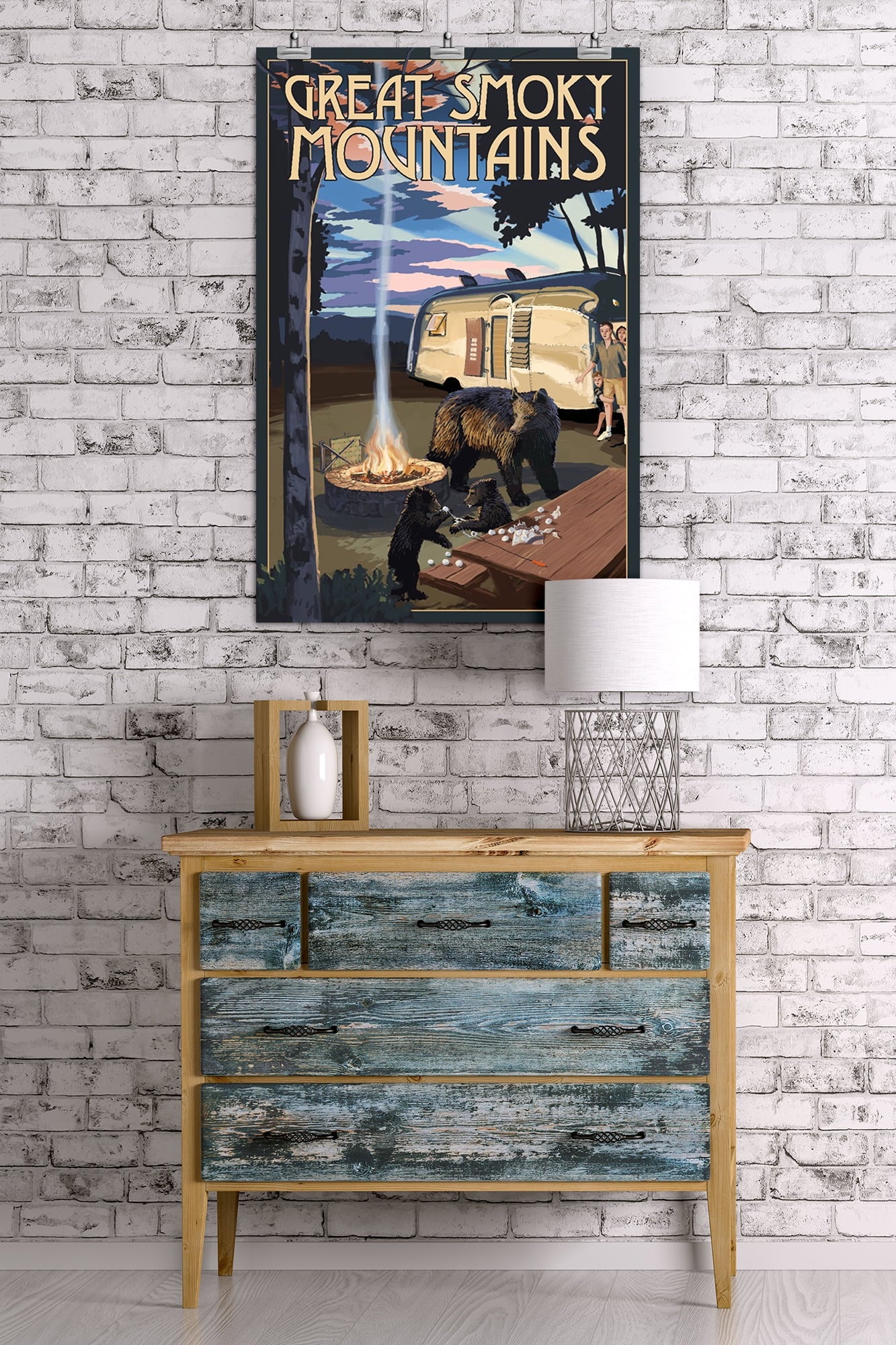 Retro Camper and Lake with Bear Family 24x36 Giclee Art Print C7047