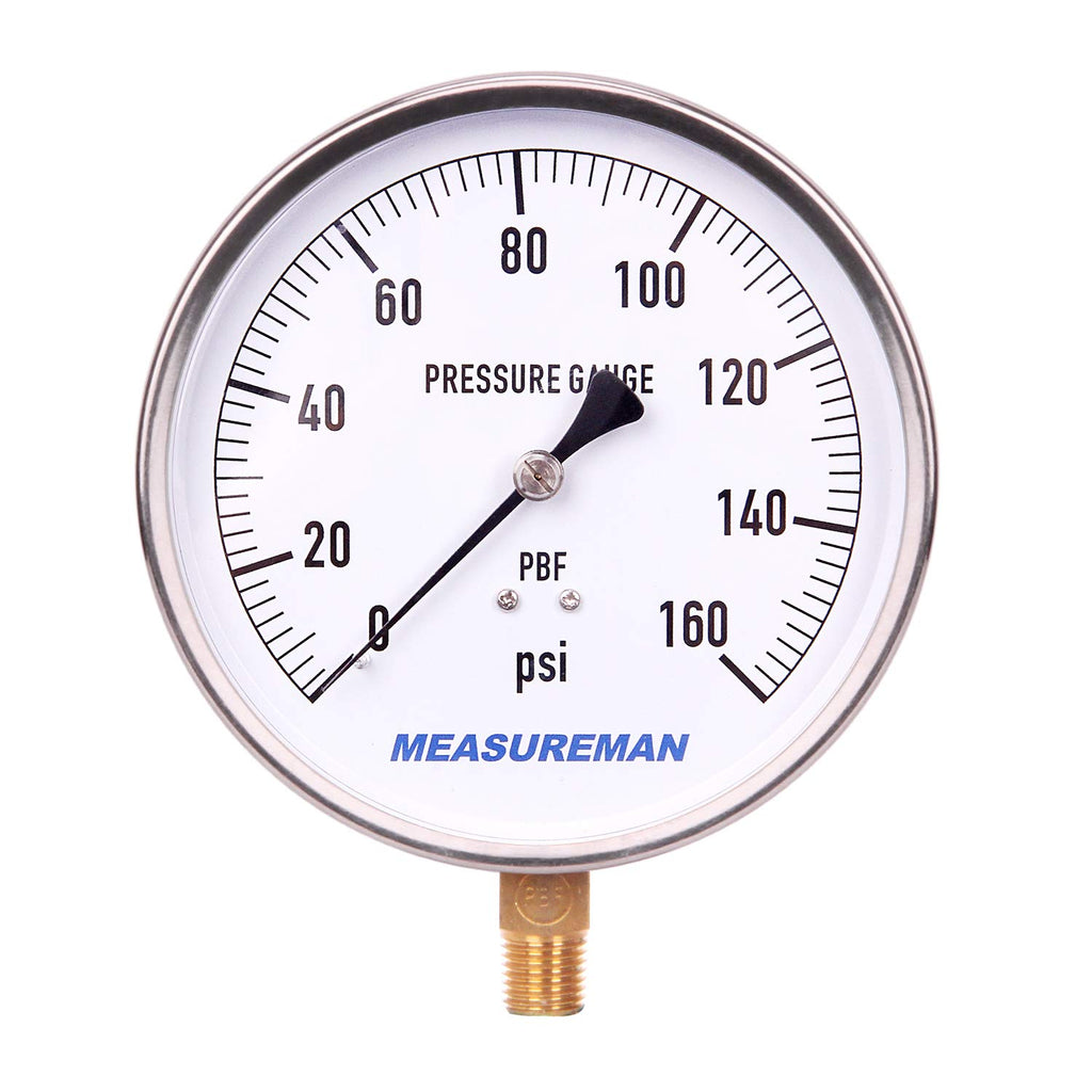 304 Stainless Steel Case Pressure Gauge, 0-200Psi, 4-1/2 Dial Size, 1/4 NPT Lower Mount U437035