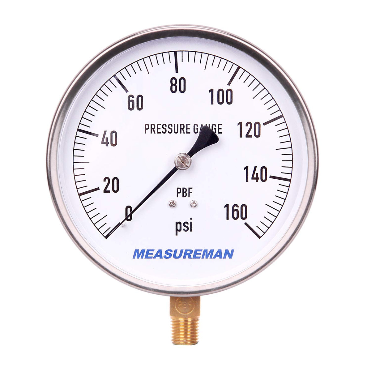 304 Stainless Steel Case Pressure Gauge, 0-200Psi, 4-1/2 Dial Size, 1/4 NPT Lower Mount U437035