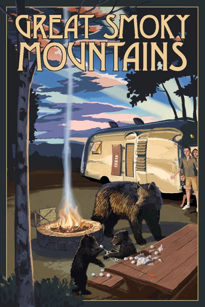 Retro Camper and Lake with Bear Family 24x36 Giclee Art Print C7047