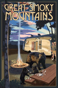 Retro Camper and Lake with Bear Family 24x36 Giclee Art Print C7047