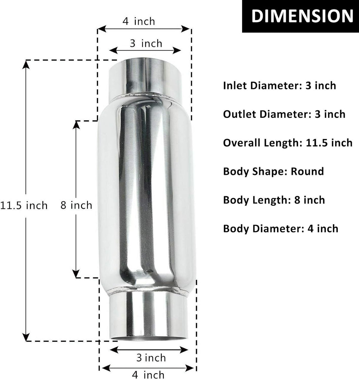 3" Inlet 3" Outlet Stainless Steel Exhaust Muffler Resonator, 12" Overall Length, Pack of 2 T362