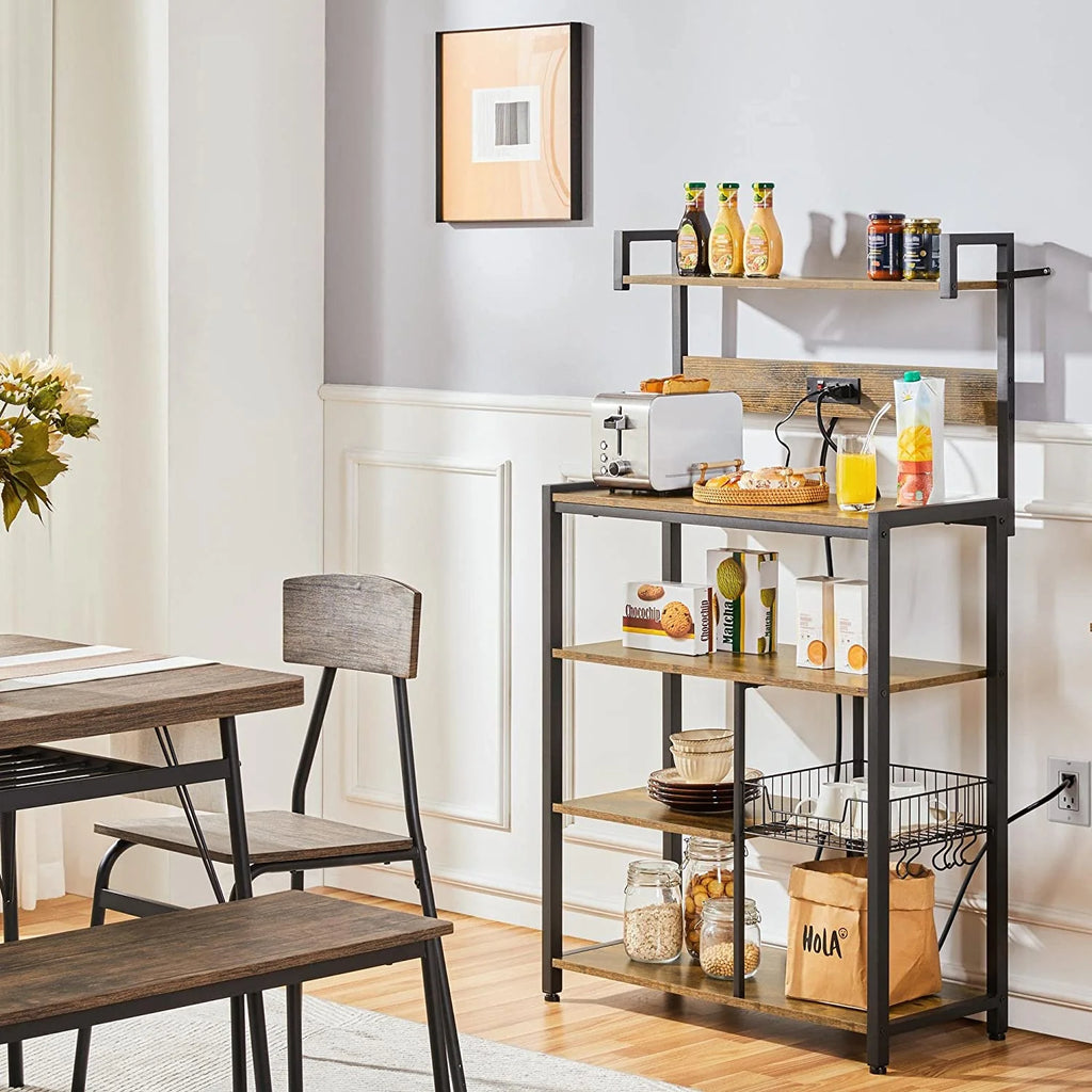 Rustic Brown 5-Tier Bakers Rack with Power Outlet R458