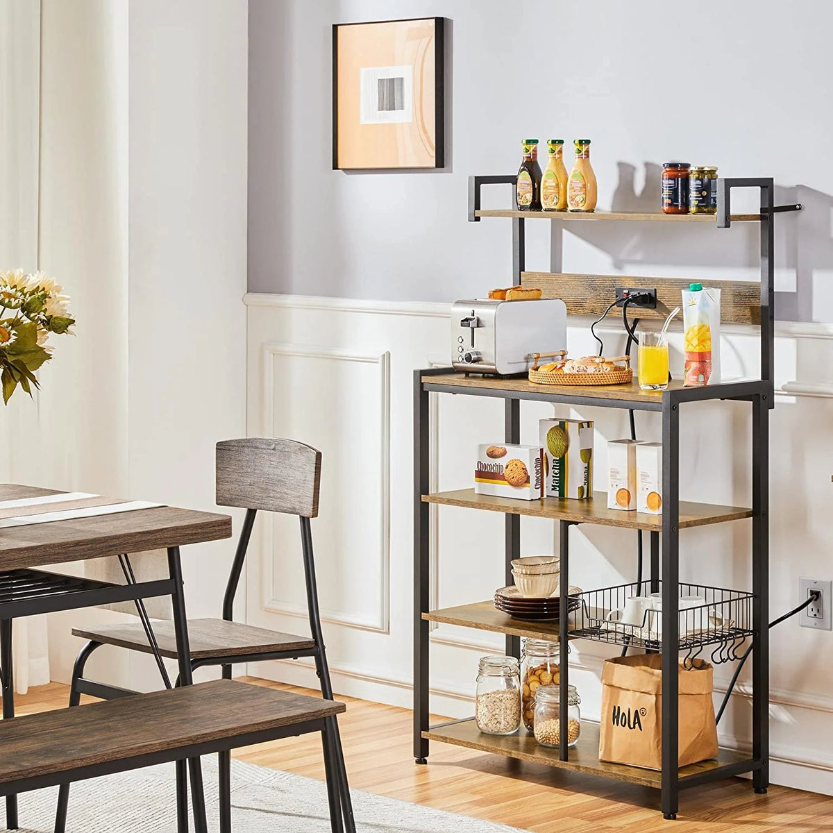 Rustic Brown 5-Tier Bakers Rack with Power Outlet R458