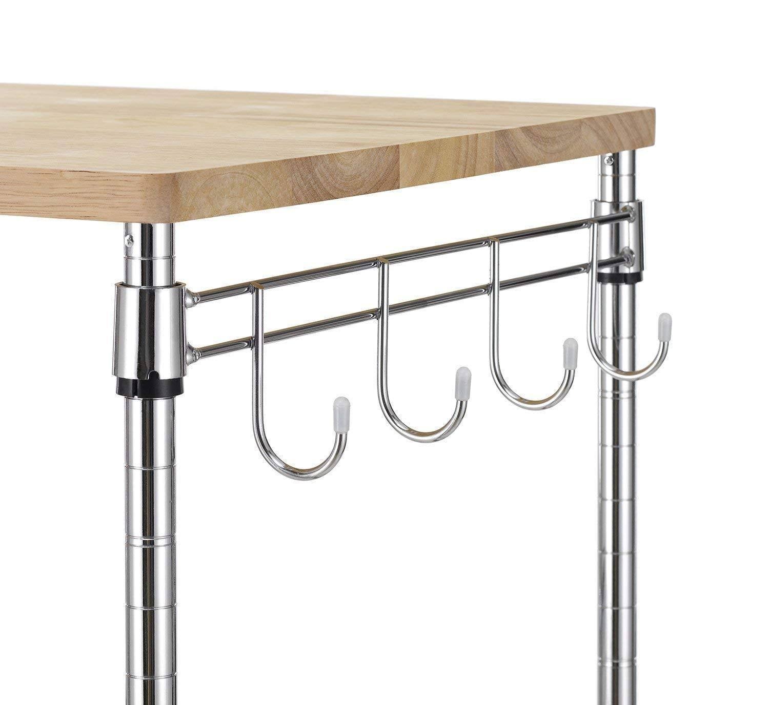 3-Tier Wire Rolling Kitchen Cart with Oak Cutting Board and Chrome Z995809
