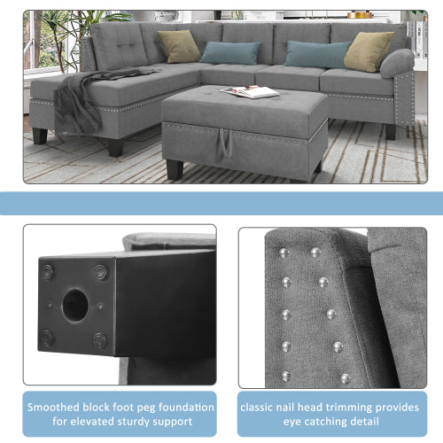 Grey Sectional Sofa Set with Chaise Lounge and Storage Ottoman Q3259