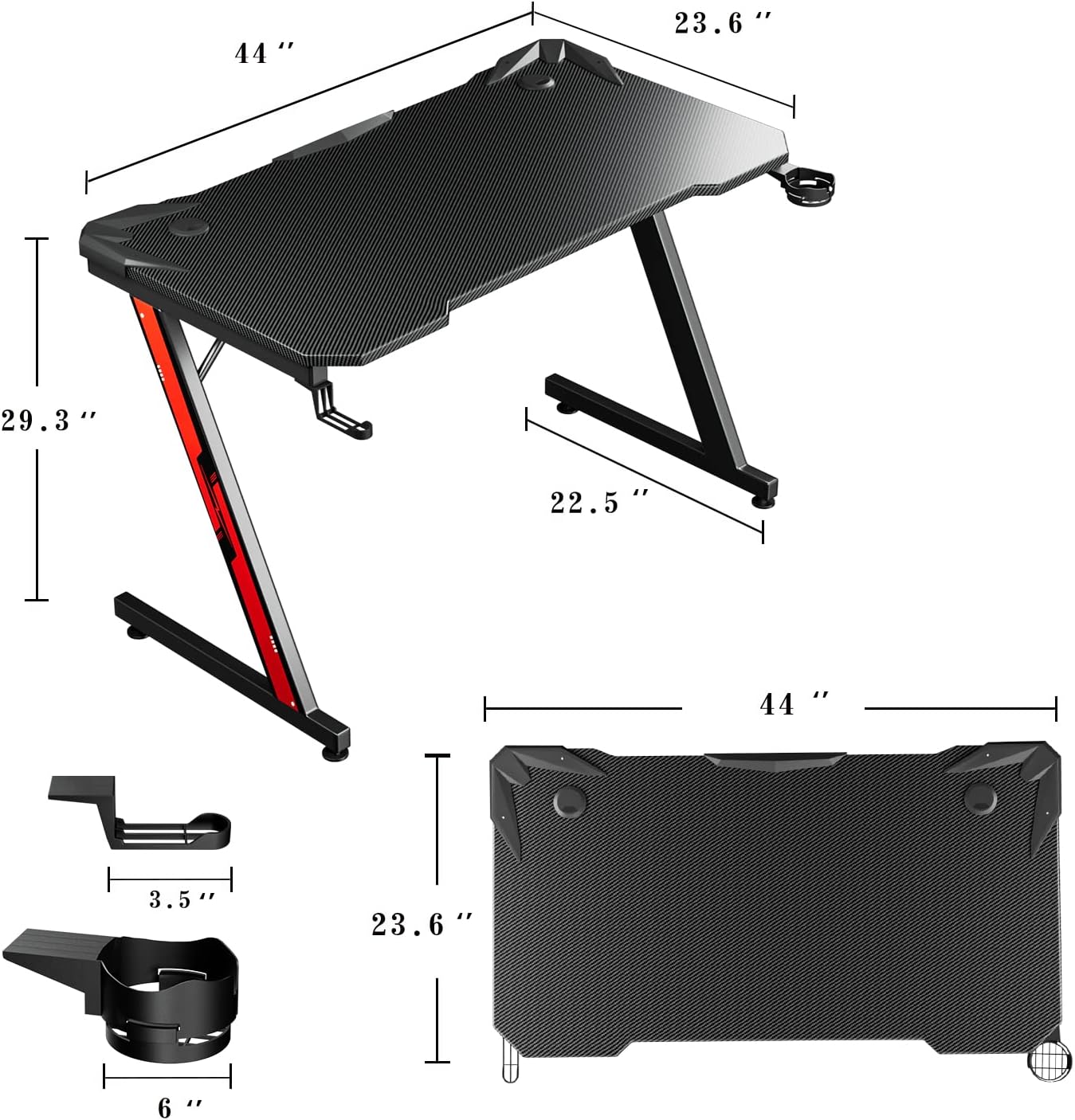 Black 44 Inch Gaming Desk with Cup Holder and Headphone Hook I97781