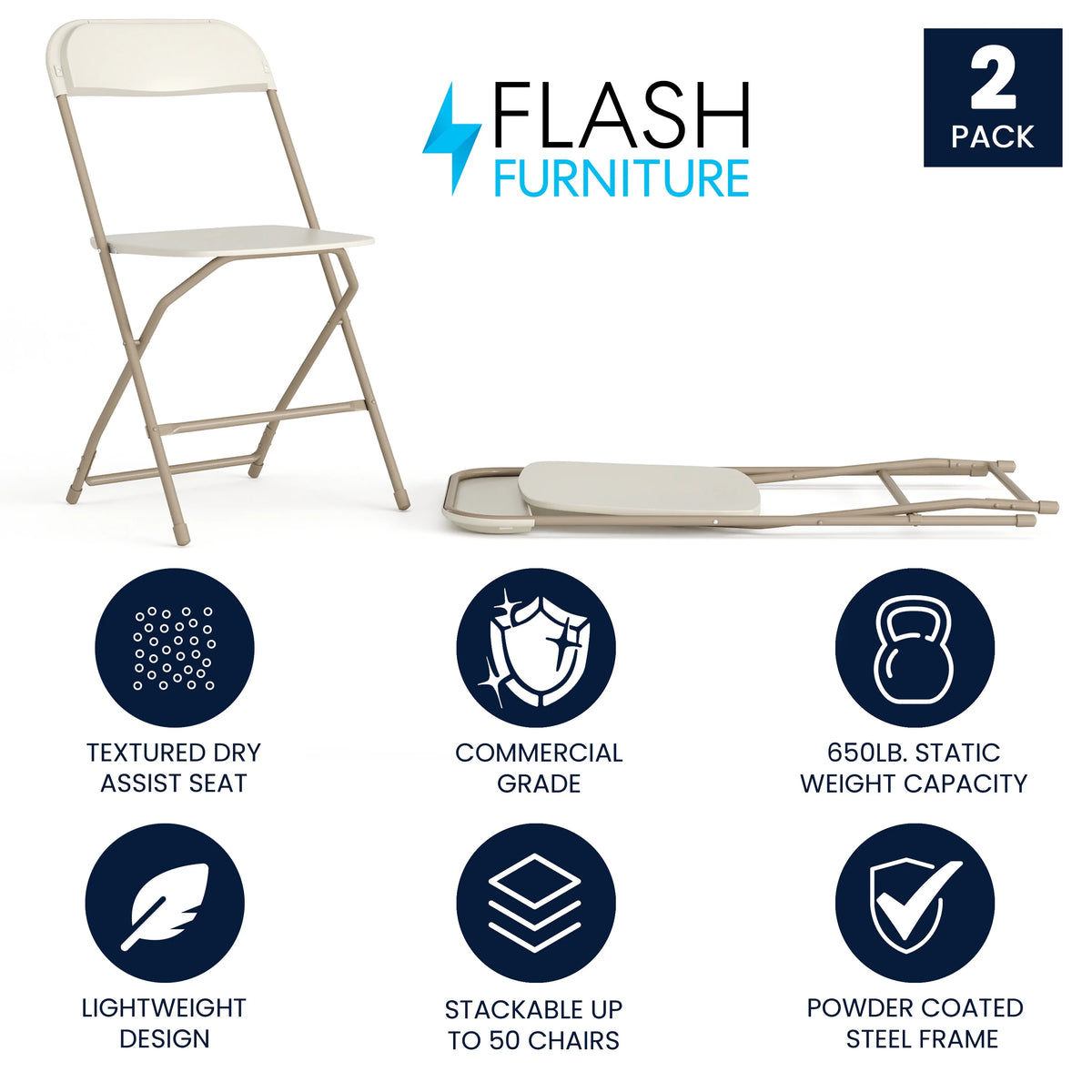 Beige Plastic Folding Chair 2 Pack 650LB Weight Capacity Y3684