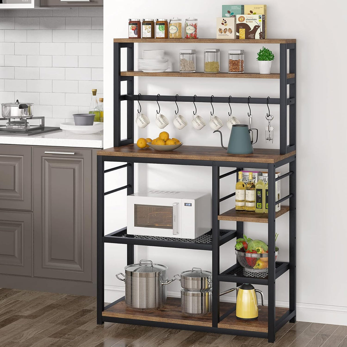 5-Tier Microwave Cart Oven Stand with 8 Hooks J853095