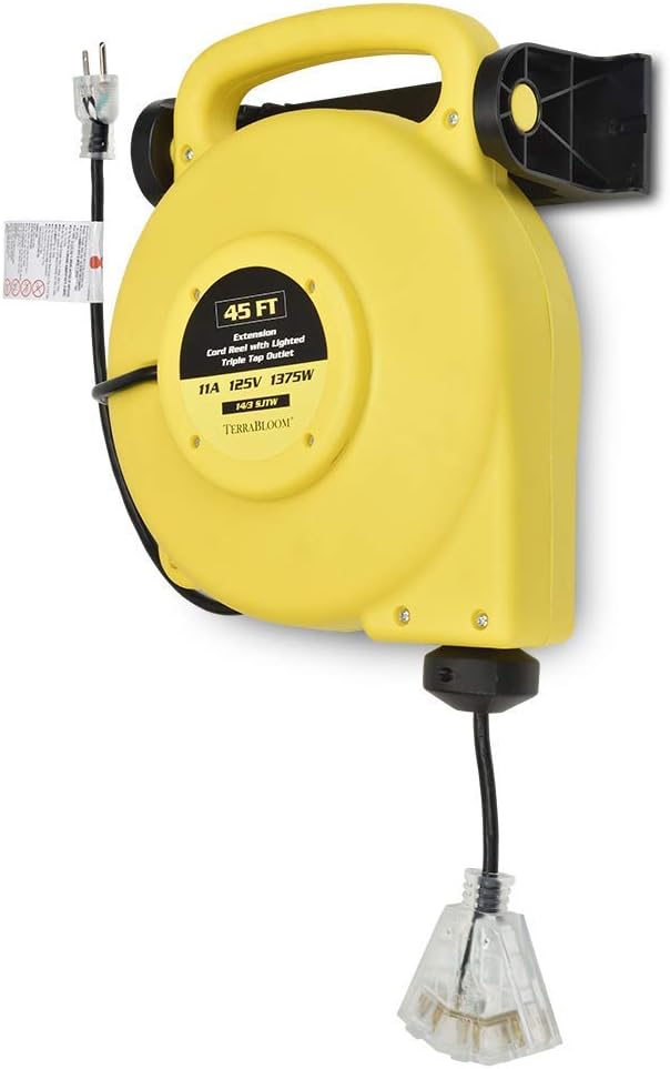 45 Ft Retractable Extension Cord Reel with 3 Electrical Outlets Heavy Duty Yellow Case Black Cable K742