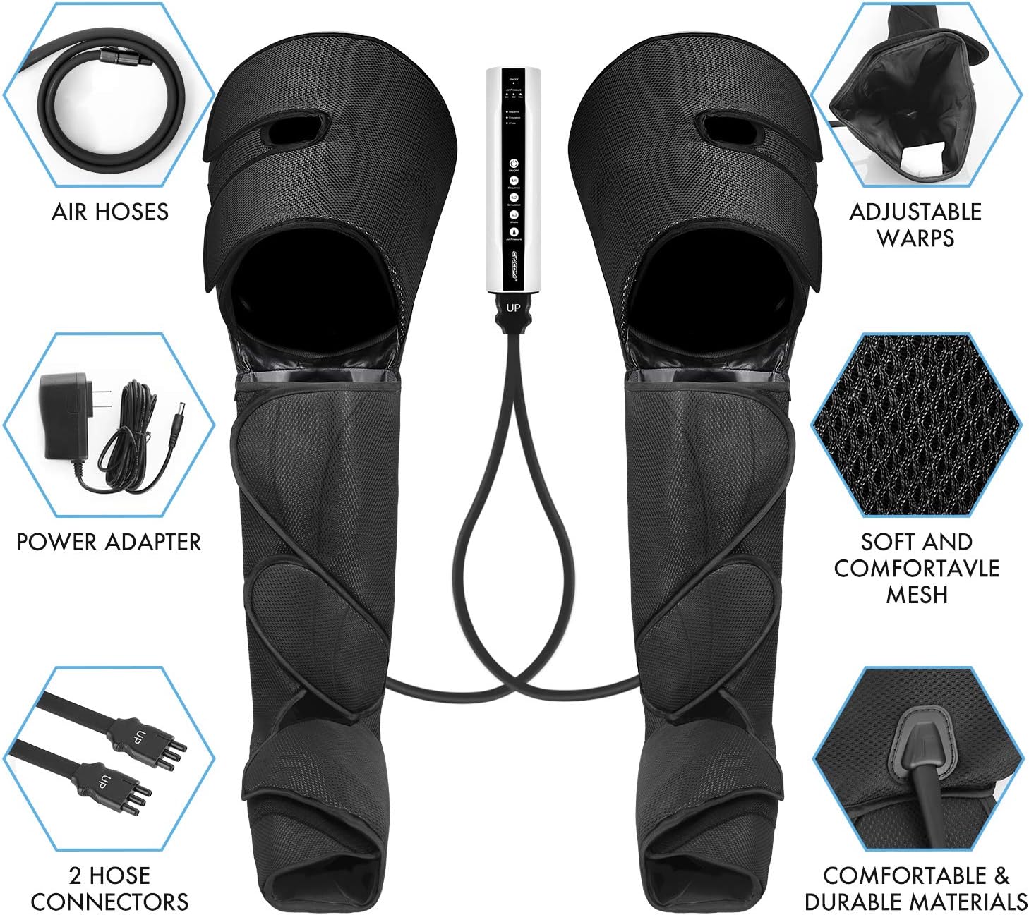 Leg Air Compression Massager with Portable Handheld Controller, 3 Modes & 3 Intensities (Black) A2205