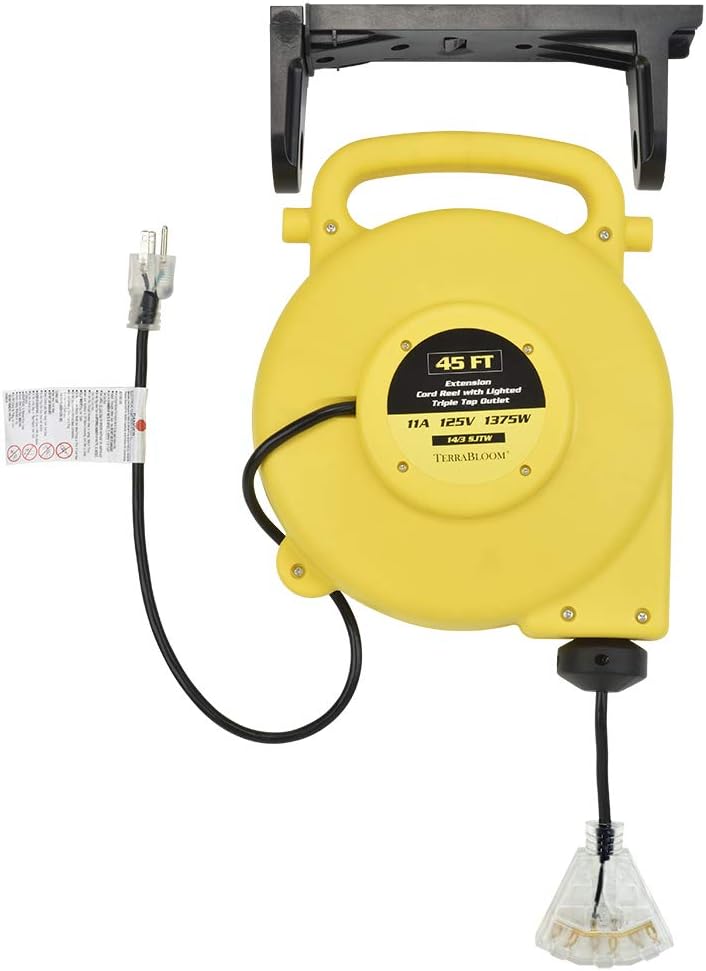 45 Ft Retractable Extension Cord Reel with 3 Electrical Outlets Heavy Duty Yellow Case Black Cable K742