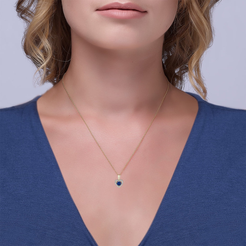 14K Yellow Gold Blue Sapphire CZ Heart Halo Pendant Necklace with 18" Chain T412203