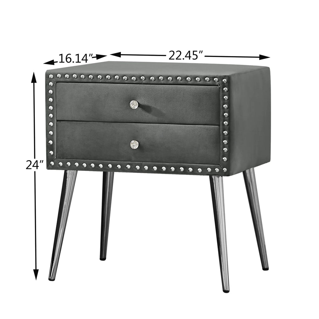 Gray Velvet Nightstand with 2 Drawers and Metal Legs Y391