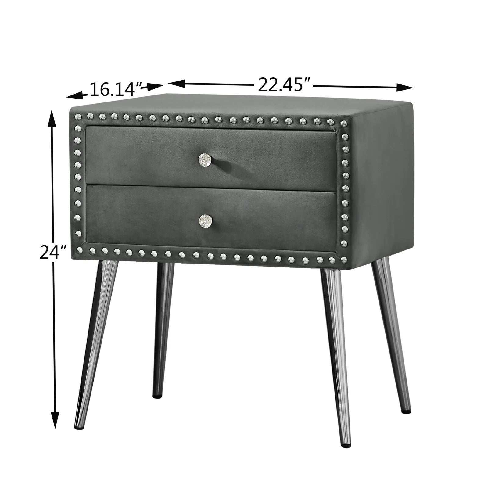 Gray Velvet Nightstand with 2 Drawers and Metal Legs Y391