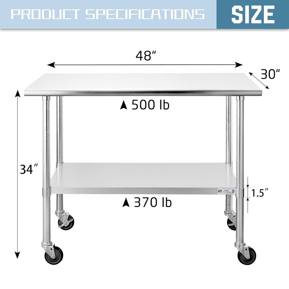 Stainless Steel Table 24 x 36 Inches with Caster Wheels and Undershelf L957573