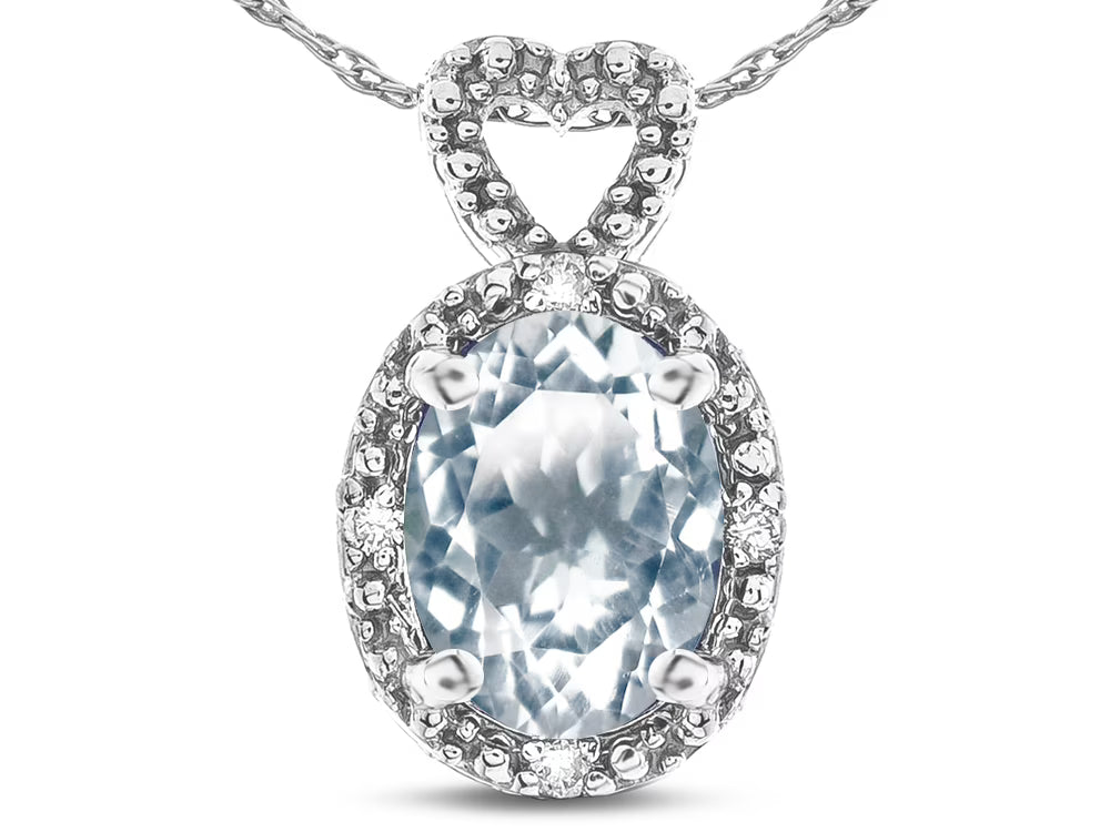 Oval 8x6mm Genuine Aquamarine Heart Pendant Necklace F119