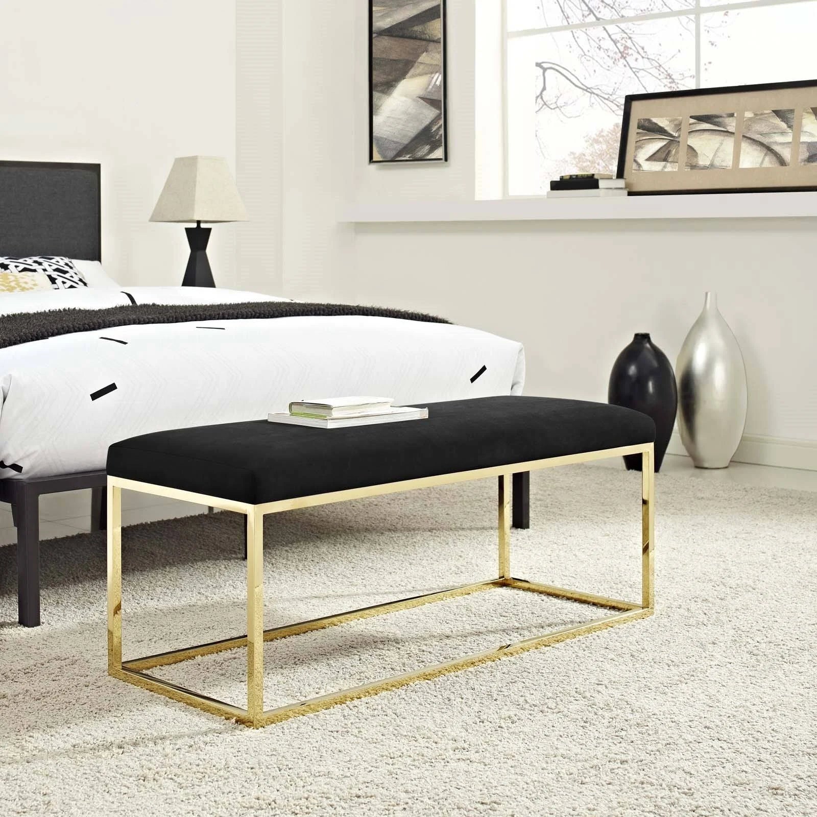 Gold Gray Fabric Bench M87423