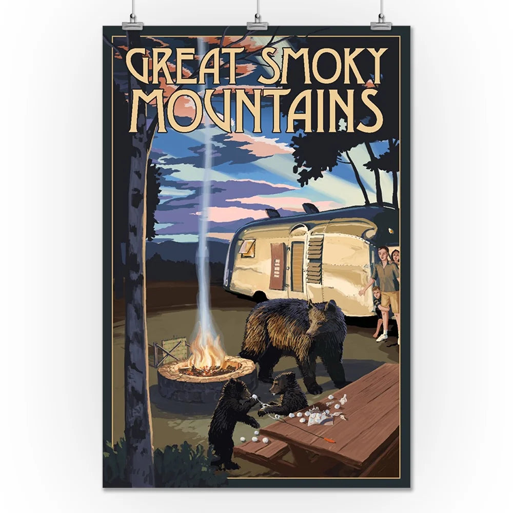 Retro Camper and Lake with Bear Family 24x36 Giclee Art Print C7047