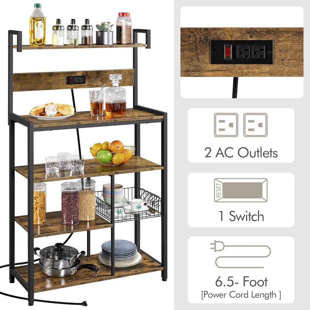 Rustic Brown 5-Tier Bakers Rack with Power Outlet R458
