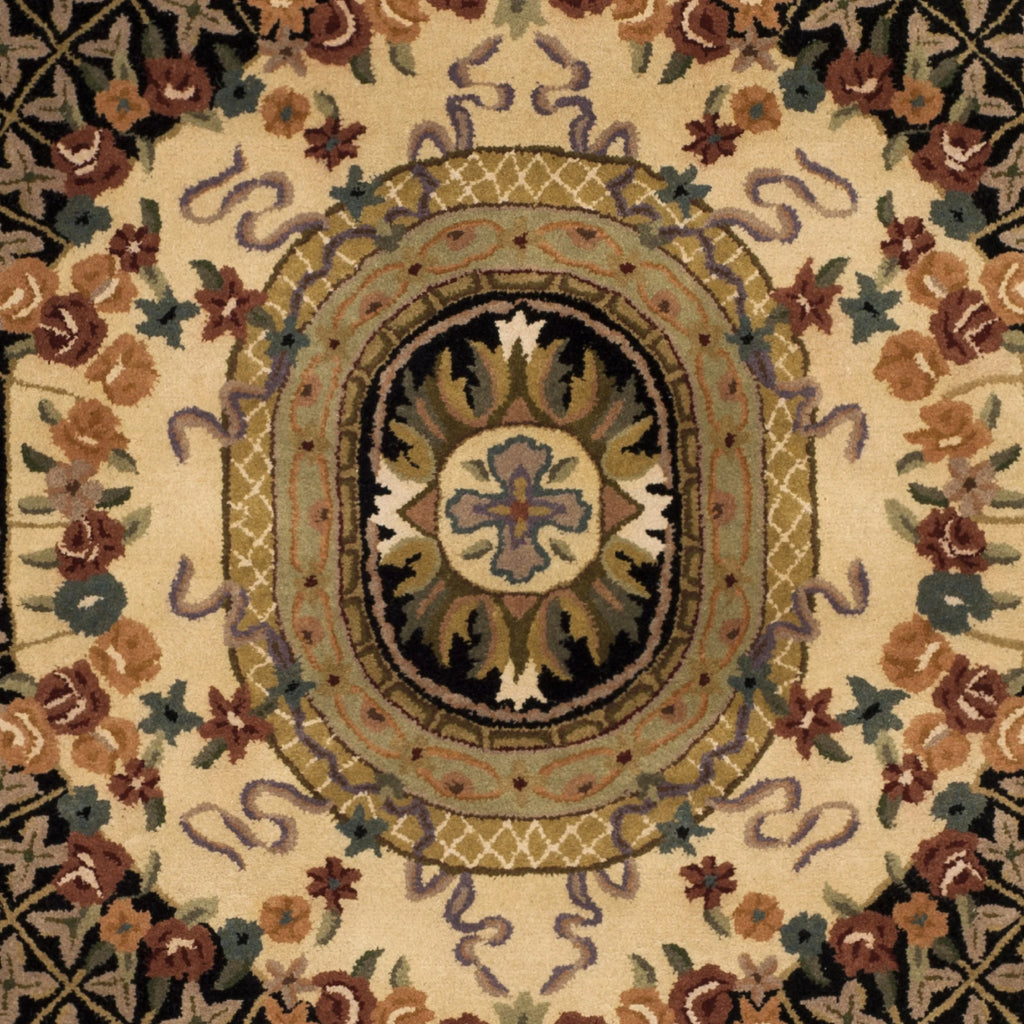 Floral Bordered Wool Area Rug, Black/Gold, 7'6" x 9'6" F2042
