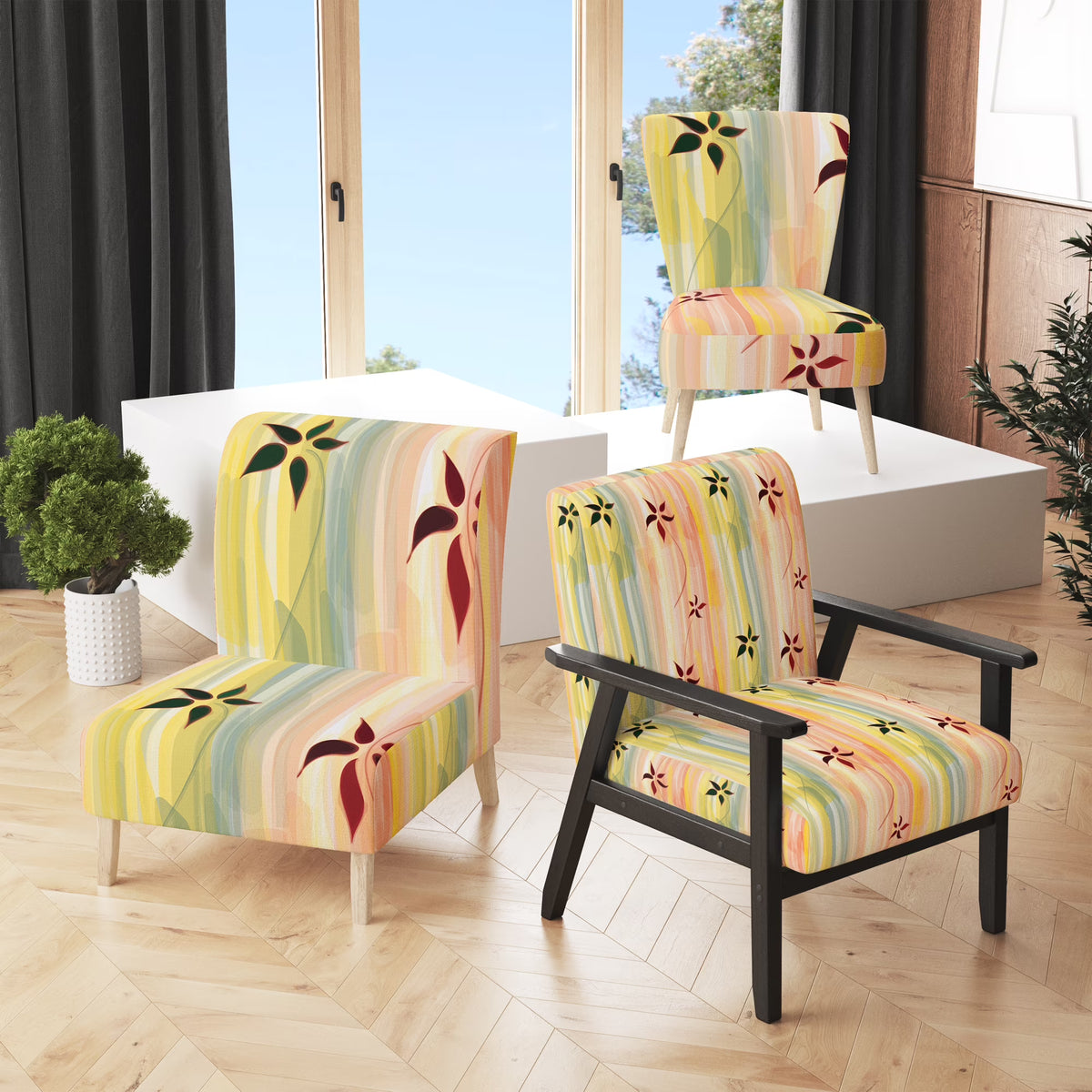 Upholstered Patterned Accent Chair and Arm Chair E53701
