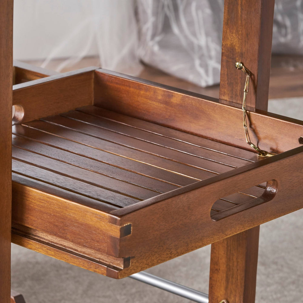 Farmhouse Cottage Acacia Wood Bar Cart with Drop Leaf N25181