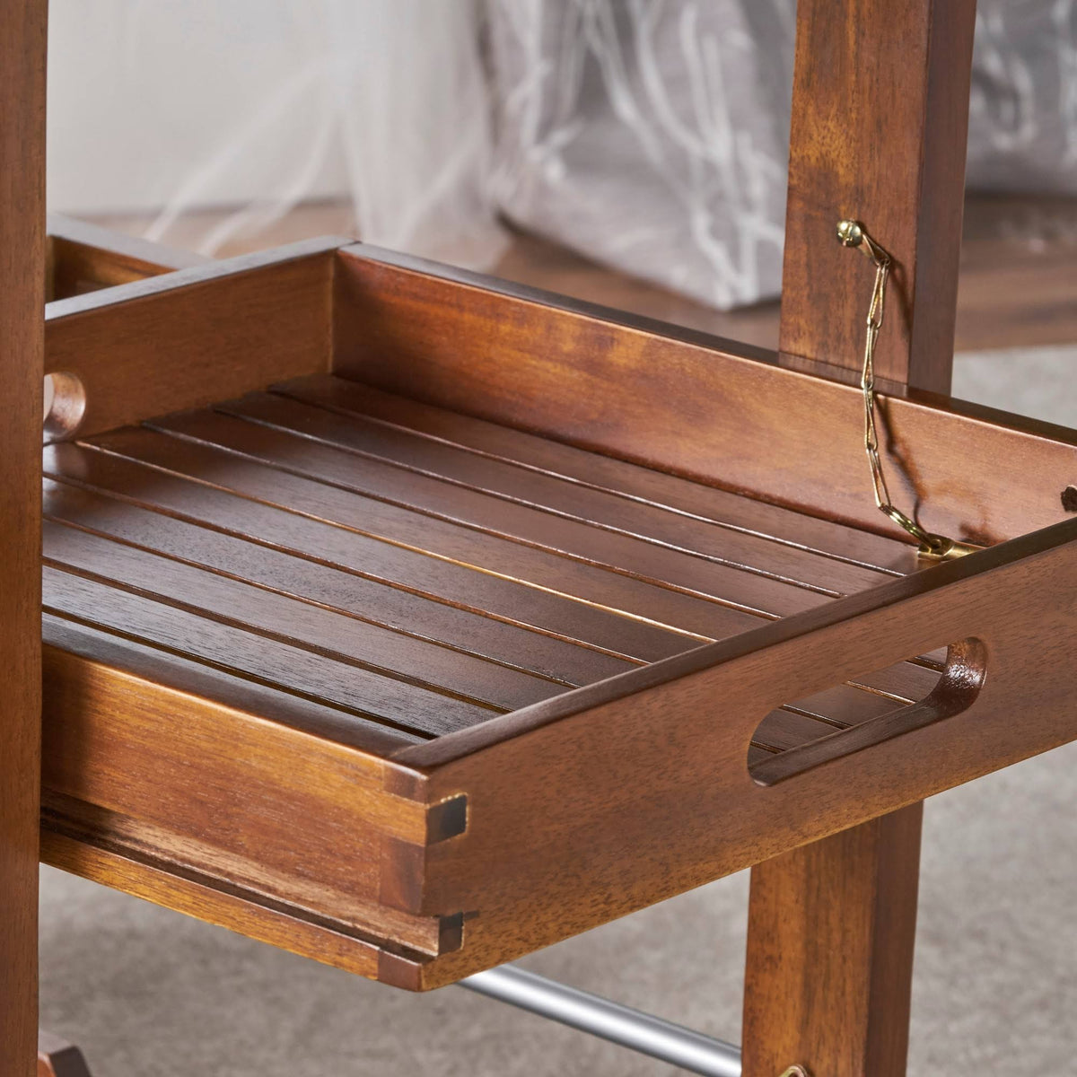 Farmhouse Cottage Acacia Wood Bar Cart with Drop Leaf N25181