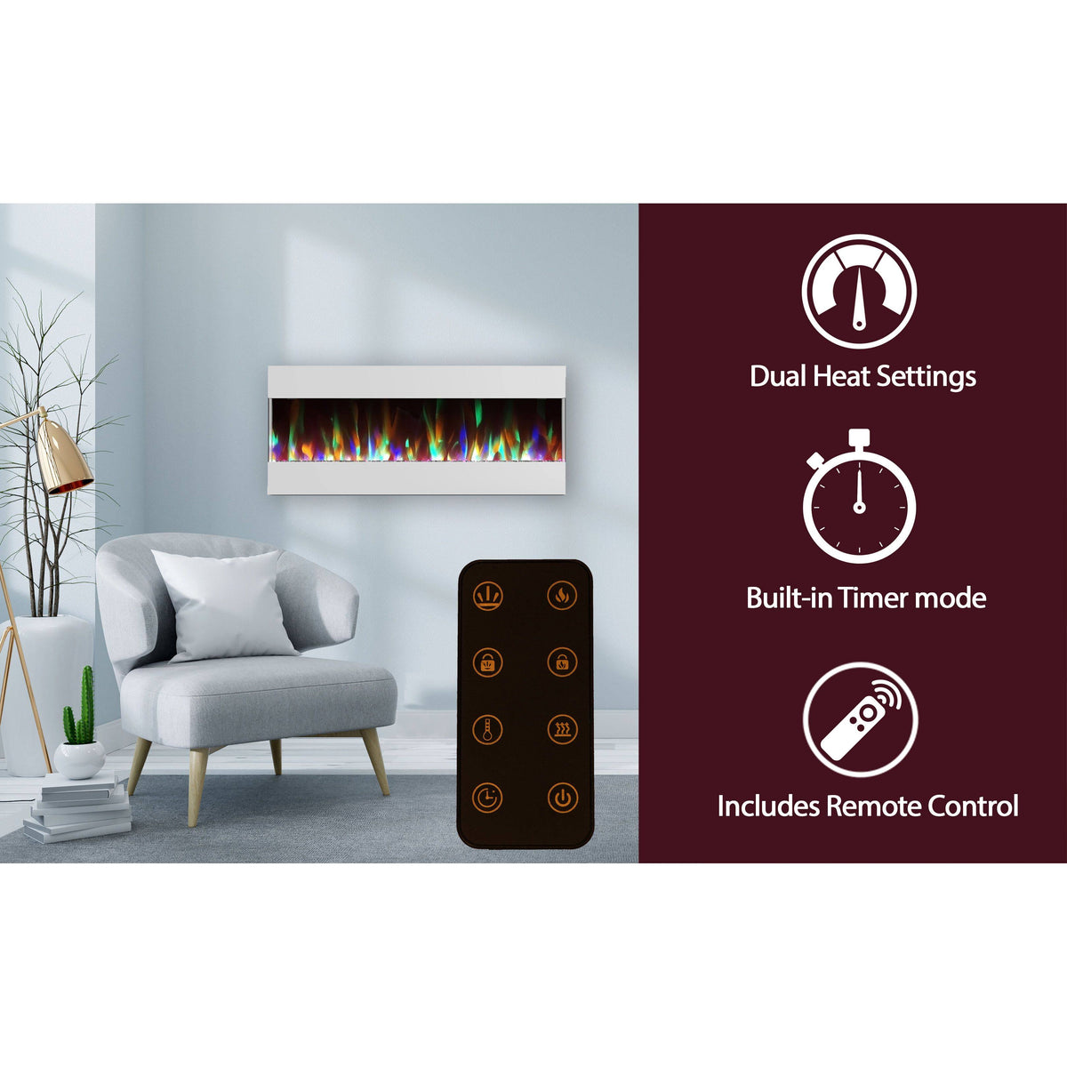 White Recessed Wall Mounted Electric Fireplace with Crystal and LED Display I79597