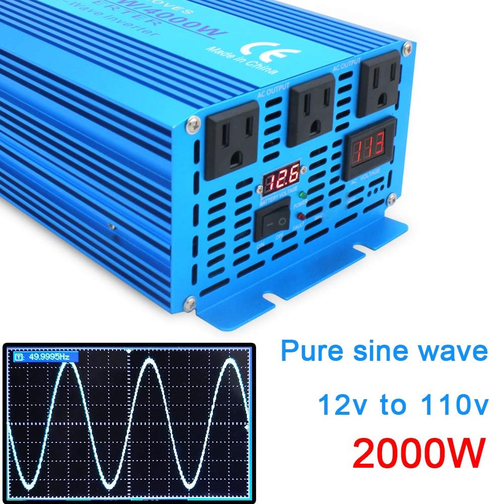 2000W Pure Sine Wave Power Inverter 12V DC to 110V AC with LED Display 3 AC Outlets V87735