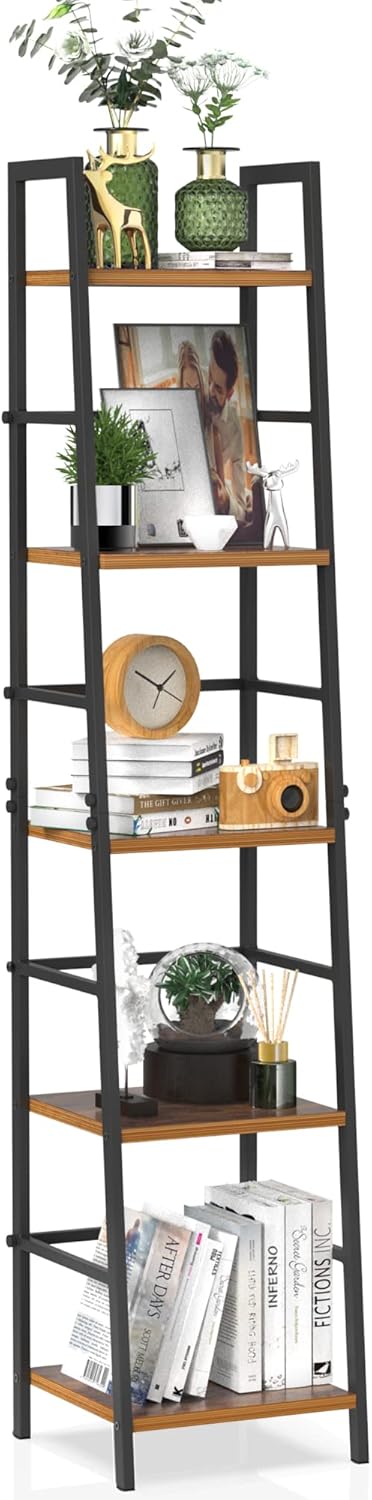 5-Tier Rustic Wood and Metal Ladder Shelf Bookcase W84449
