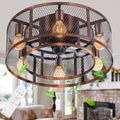 42'' Industrial Black Caged Flush Mount Ceiling Fan with Lights Remote Control Y35071