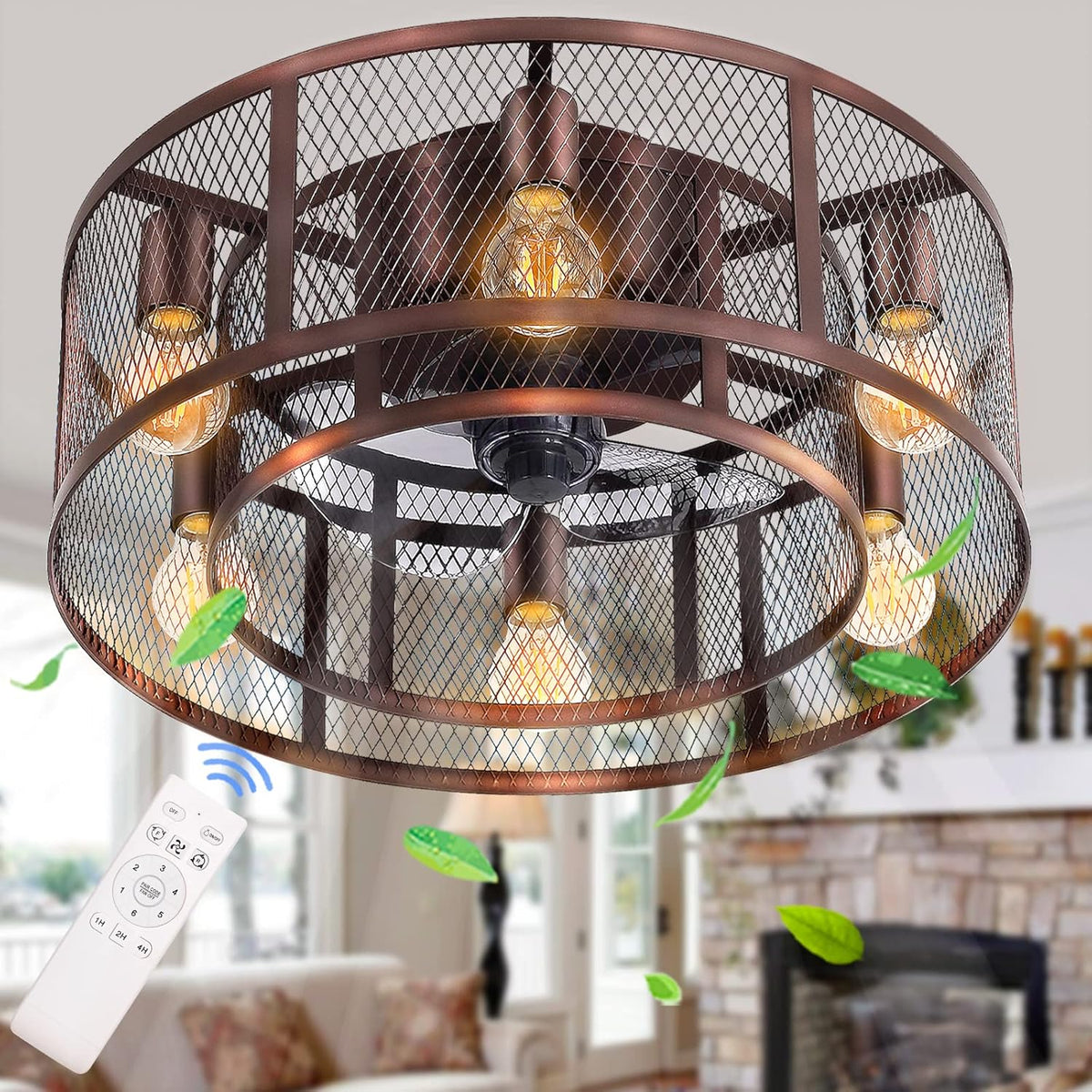42'' Industrial Black Caged Flush Mount Ceiling Fan with Lights Remote Control Y35071