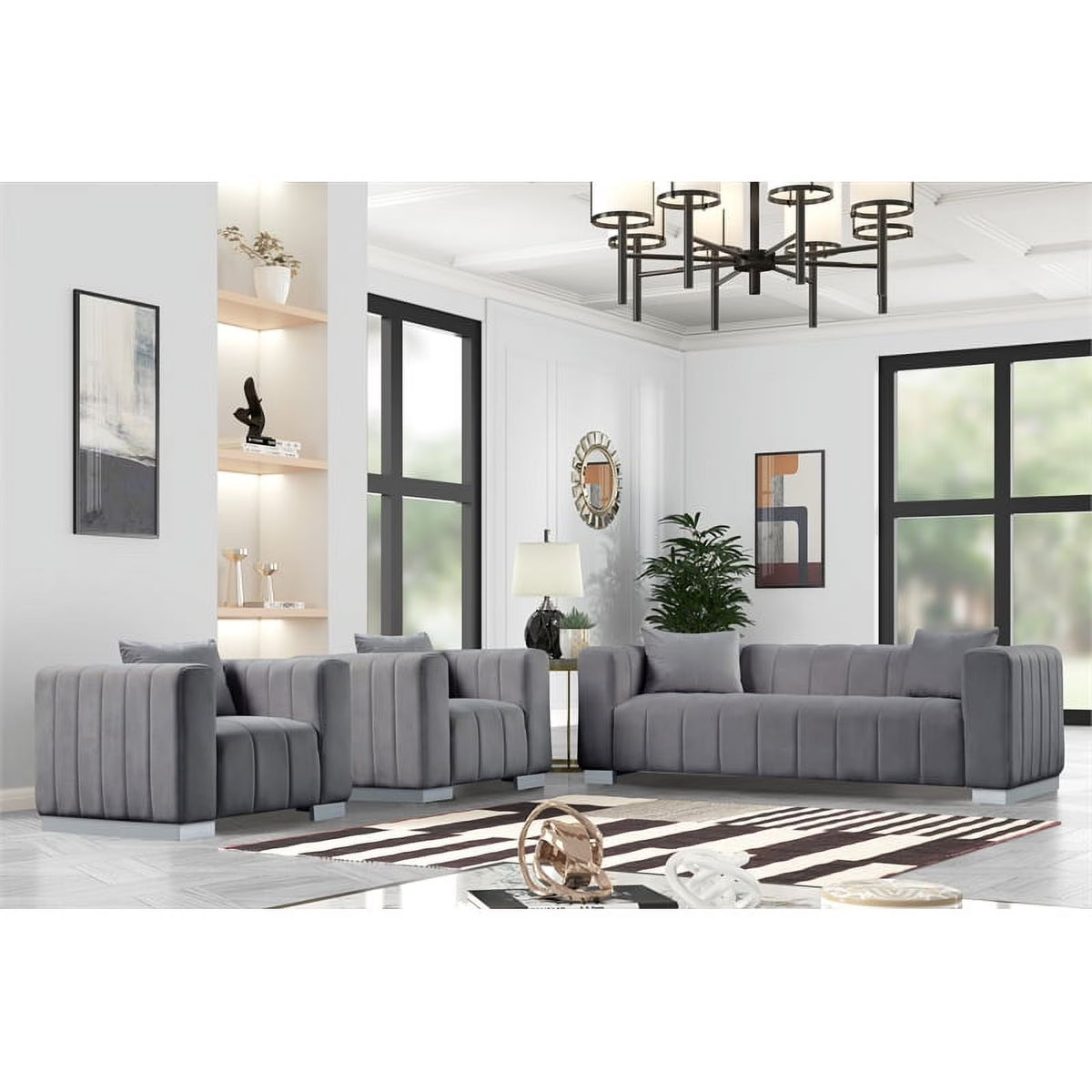 Gray Velvet Fabric Sofa and 2 Armchairs Set K420