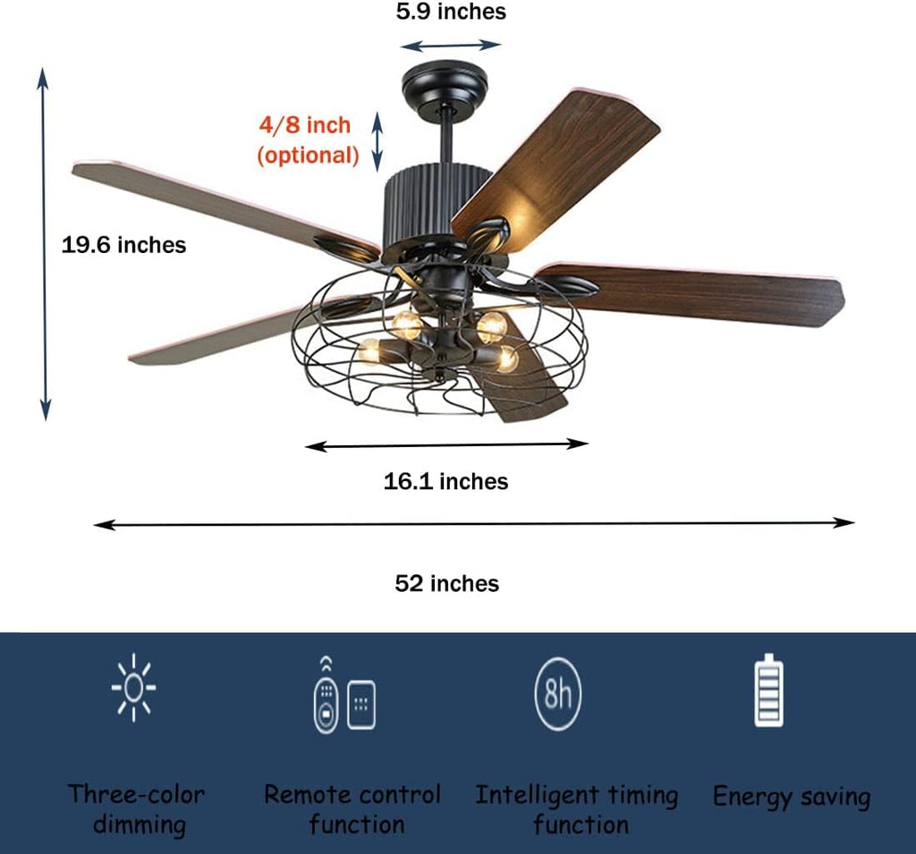 Black Industrial Ceiling Fan with Light and Remote, 5 Wood Blades, 5-Lights E26 R1419
