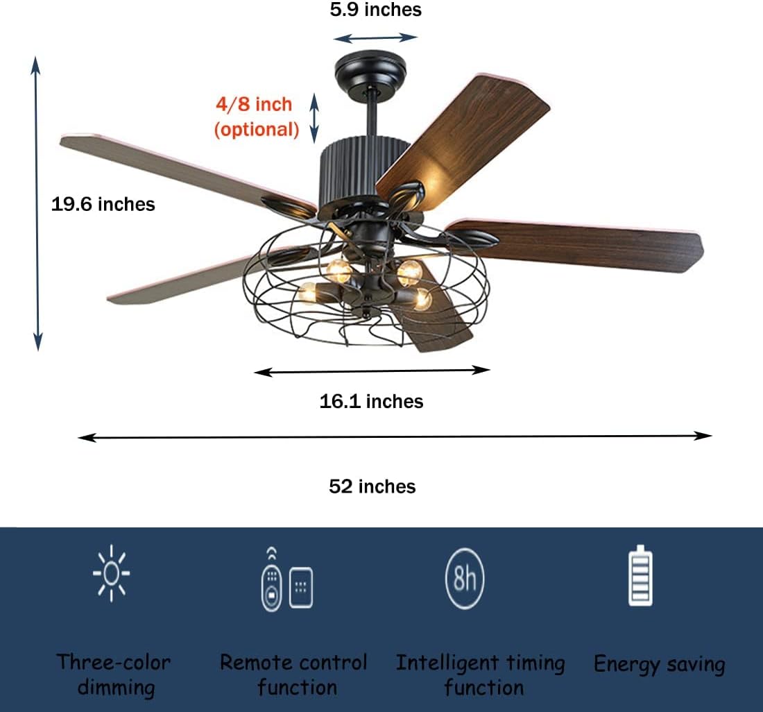 Black Industrial Ceiling Fan with Light and Remote, 5 Wood Blades, 5-Lights E26 R1419