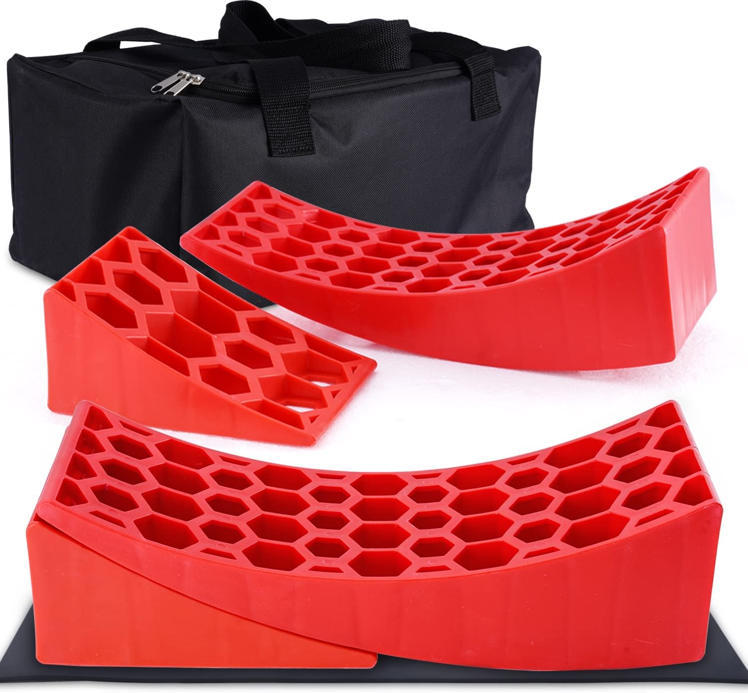 2 Packs Camper Leveler, RV Leveling Ramp Chock Kit, Two Curved Levelers, Two Chocks, Two Rubber Grip Mats, 35,000 lbs O301045