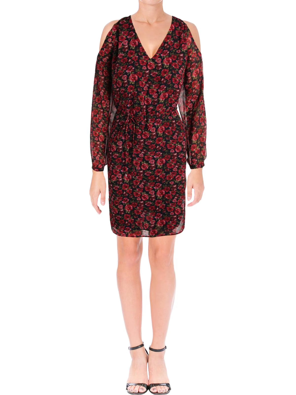 Red Floral Cold Shoulder Sheer Sheath Dress T988814