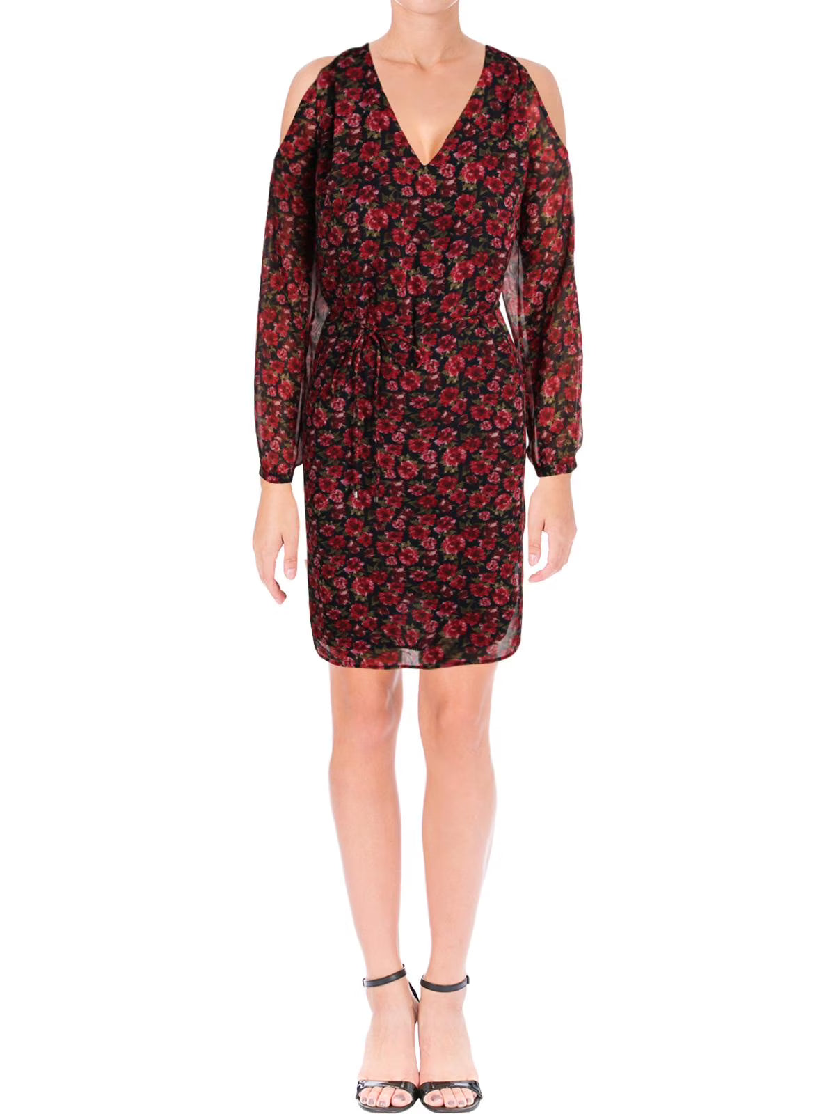 Red Floral Cold Shoulder Sheer Sheath Dress T988814
