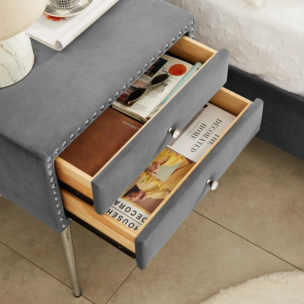 Gray Velvet Nightstand with 2 Drawers and Metal Legs Y391