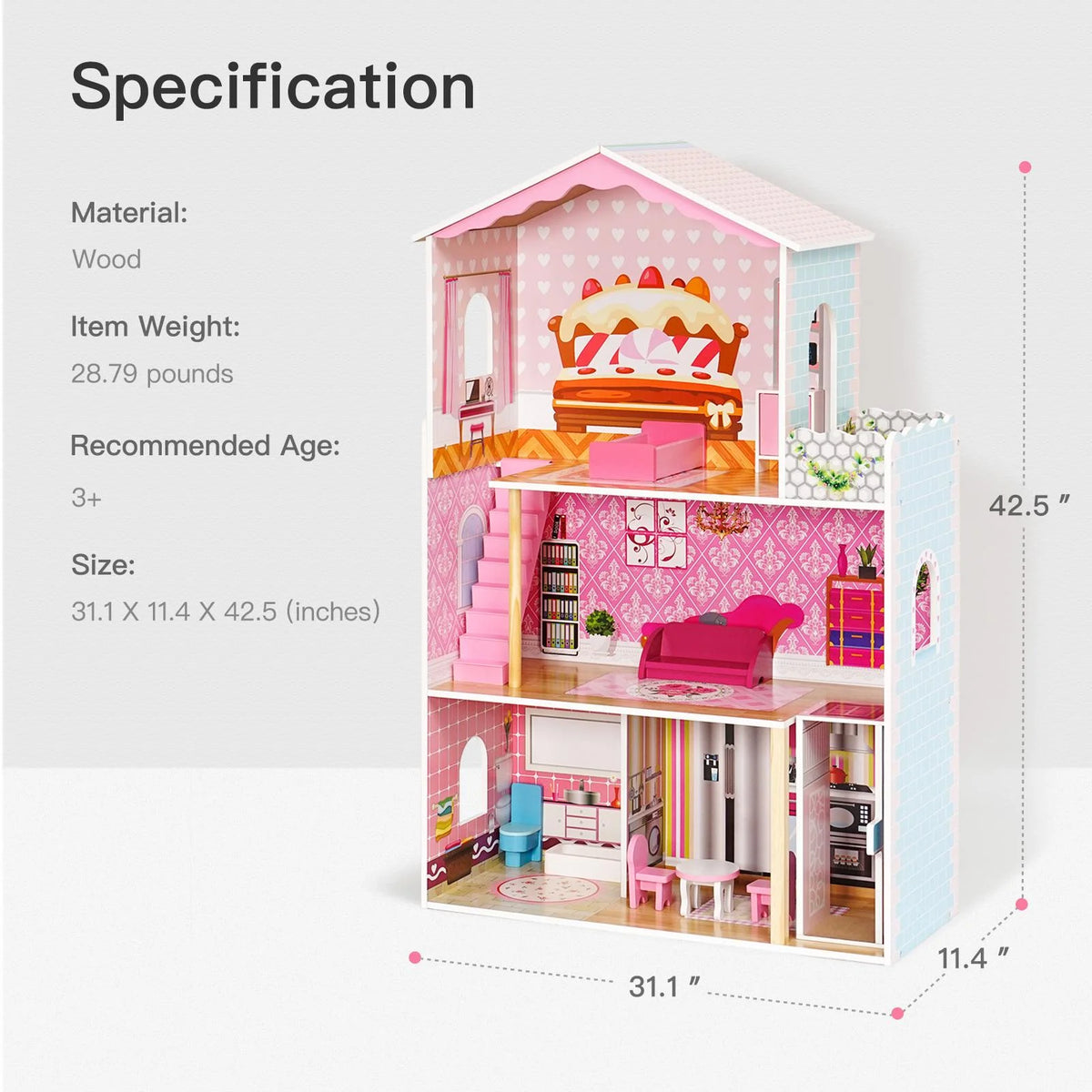 Dollhouse Kit with Accessories and Furniture, 31.1'' x 11.4'' x 42.5'' Q310730