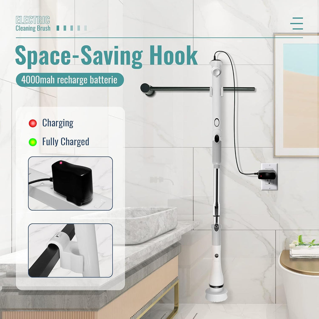 Electric Spin Scrubber with Adjustable Extension Handle & 4 Replaceable Brush Heads A2686