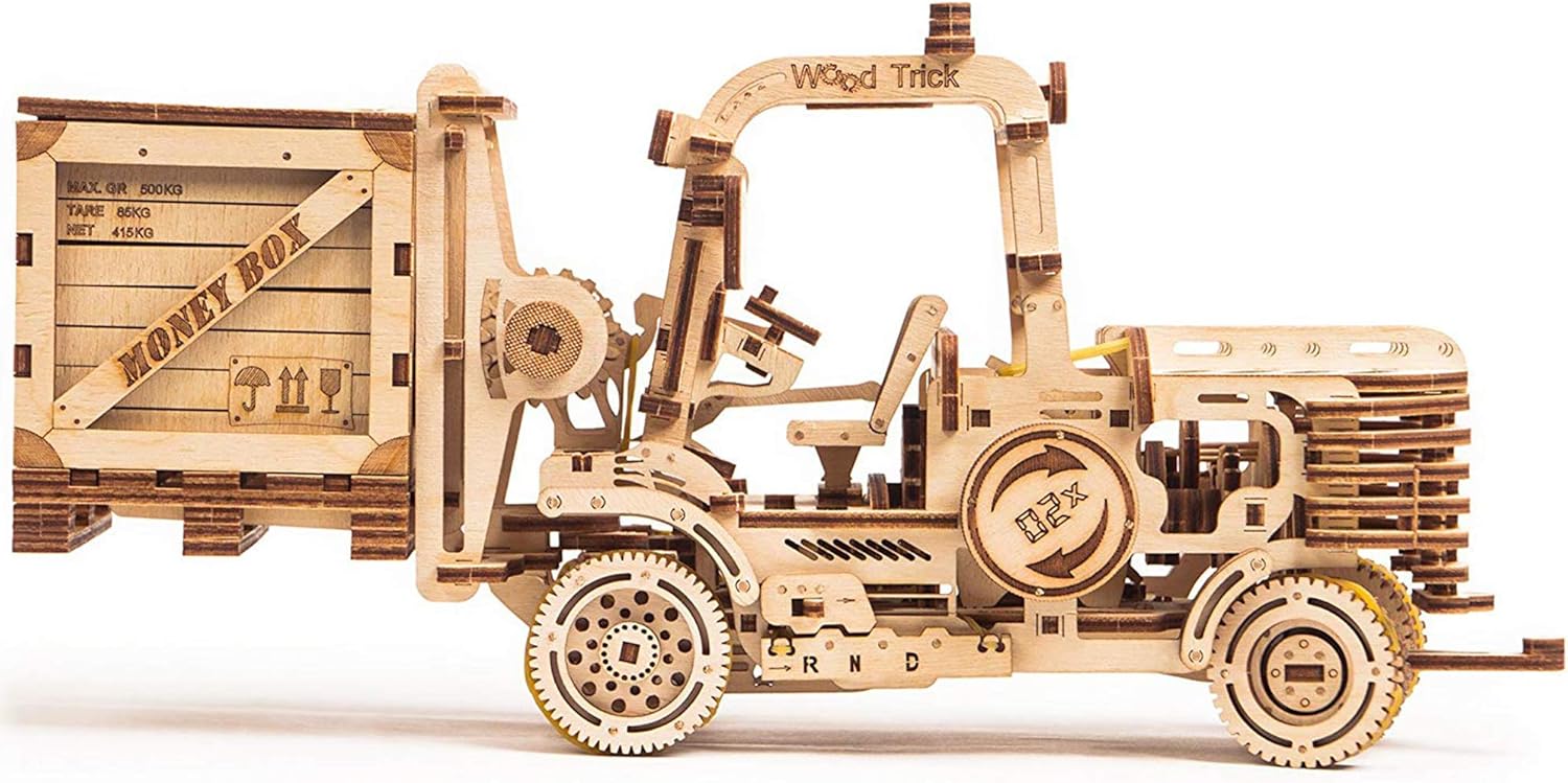 3D Wooden Puzzle Forklift Truck Model Kit with Pallet and Money Box O70754