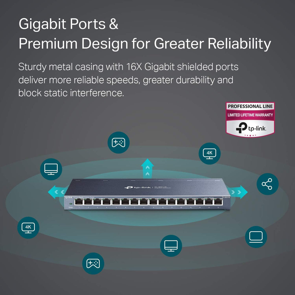 16 Port Gigabit Ethernet Network Switch, Fanless Metal, Pack of 2 D2259